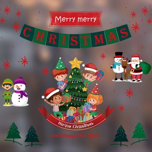Christmas glass sticker set with Santa, reindeer, and snowman in festive flat cartoon style