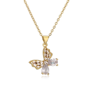Elegant gold-plated butterfly pendant necklace with sparkling cubic zirconia on white background