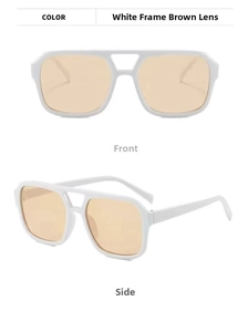Front and side view of white frame square sunglasses with light brown lenses