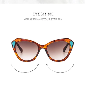 Close-up of cat-eye frames featuring tortoiseshell pattern and gradient brown lenses