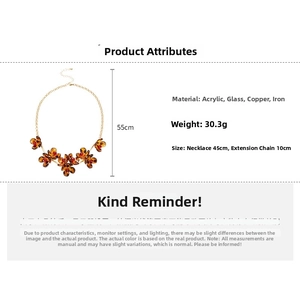 Detail of leopard print acrylic flower necklace with dimensions and material specs
