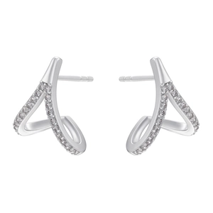 Macro detail of silver multi-row curved earrings featuring micro-paved cubic zirconia