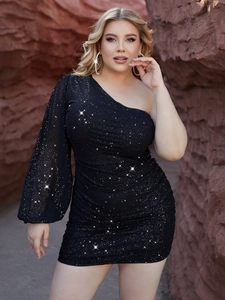 Black one-shoulder long sleeve sequin dress with elegant ruched detail for plus size women