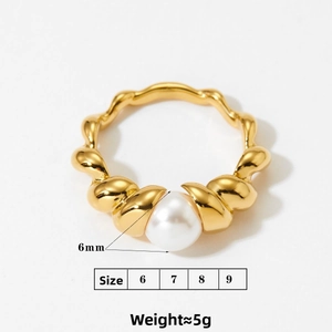 Detailed size chart for gold twisted shell pearl ring with weight and 6mm pearl diameter