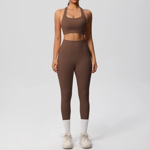 Two-piece dark brown yoga set featuring a U-neck sports bra and high-waist side pocket leggings
