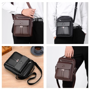 Vintage large capacity crossbody shoulder bag in black and brown leather with adjustable strap