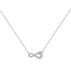 Classic S925 sterling silver infinity necklace with sparkling zircon pavé on white background