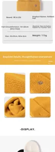 Detail view of ginger yellow knitted beanie showing soft faux rabbit fur texture and size info