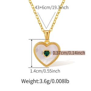 Detailed macro view showing heart pendant dimensions and white shell inlay specifications