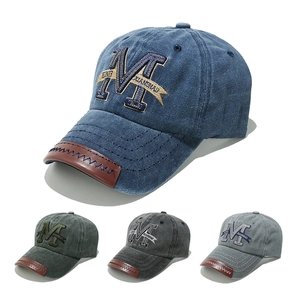Vintage washed cotton baseball caps with M embroidery in blue, green and grey colors