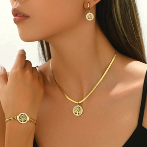 Bijoux Arbre De Vie Collier Bracelet Et Boucles D'oreilles Acier Inoxydable Pendentif Rond Zircon Incrusté Style Vintage
