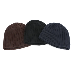 Winter rib-knit beanie hats for men in dark brown, black, and navy blue colors