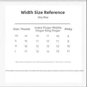 Size guide for handmade press-on nails with bow design in translucent bean paste color