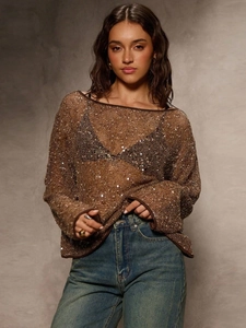 Sequin Hollow Out Top Long Sleeve Slash Neck Mesh Knit Polyester Streetwear Brown Sexy Party Clubwear
