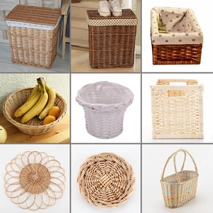 Detail of handwoven wicker storage baskets with various floral linings and lids