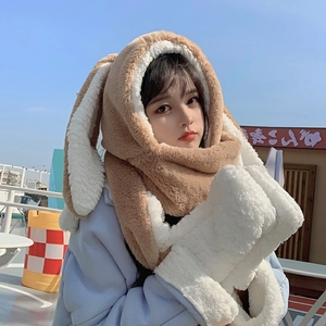 Winter 3-in-1 khaki plush hat scarf and gloves set with cute rabbit ears for women