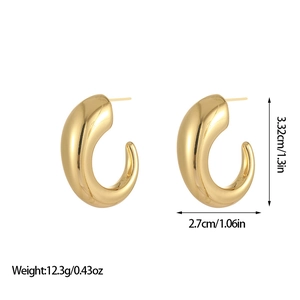 Detailed dimensions showing 1.3-inch height and 1.06-inch width of golden G-shaped earrings