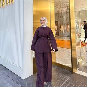 Elegant dark purple modest two-piece set featuring long sleeve tunic and wide leg trousers