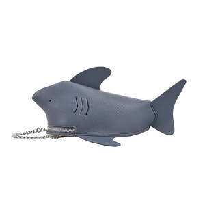 Unique shark shaped blue leather crossbody phone bag with silver metal chain strap
