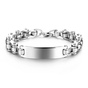 Polished stainless steel bike chain bracelet for men with curved engravable plate