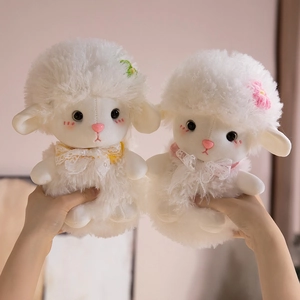 Cute white plush sheep toys with flower headbands and lace bows held in hands