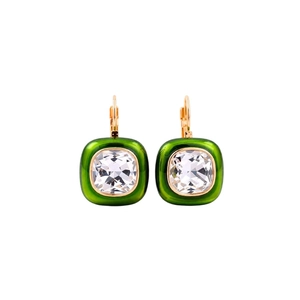 Vintage style 18k gold plated square earrings with green enamel and clear crystal stone