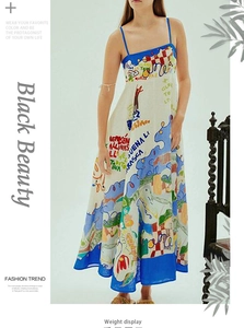 Detail of artistic graffiti print on beige cotton linen strap dress with blue hem