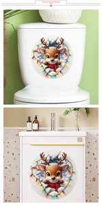 Detail showing a festive reindeer decal with colorful lights on a bathroom cabinet surface