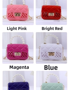 Mini jelly bags set featuring pearl handles and gold chains in assorted vibrant colors