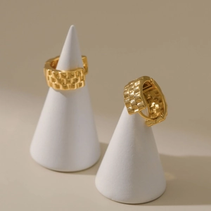 18K gold plated chunky hoop earrings with embossed grid texture on white display