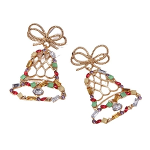 Close-up of golden bell earrings with colorful rhinestones and festive bow detail