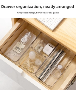 Detailed top view of clear acrylic drawer organizers for office and desk accessory storage