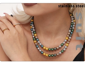 Detail of multi-layered pearl necklace with colorful beads and stainless steel clasp