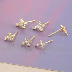 Cross Stud Earrings 18K Gold Plated Copper With Zircon And 925 Sterling Silver Earring Post Dainty Jewelry For Women