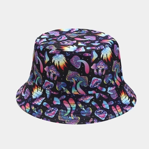 Macro view showing colorful mushroom prints and fabric texture on a black bucket hat