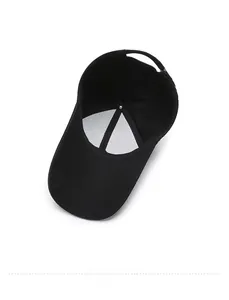Detailed interior view of black baseball cap showing front support and adjustment strap