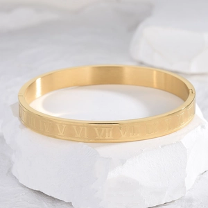 Roman Numeral Bangle Bracelet 18K Gold Plated 304 Stainless Steel Minimalist Fashion Hand Jewelry For Women