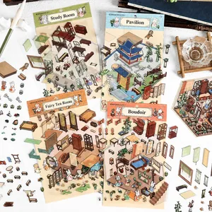 3D Chinese landscape stickers set with traditional architecture and rabbit designs