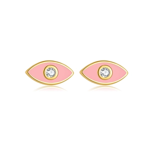 S925 silver pink evil eye stud earrings with gold plating and cubic zirconia