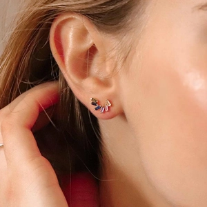 Elegant S925 silver stud earrings with colorful zircon stones in a fan-shaped arrangement