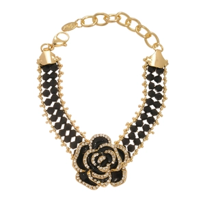 Gothic black rose bracelet with crystal rhinestones and beaded chain for women