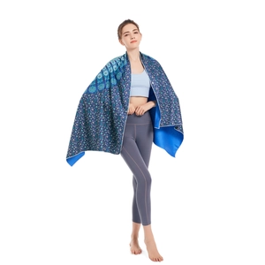 Quick-dry microfiber beach towel with navy blue mandala pattern and floral print