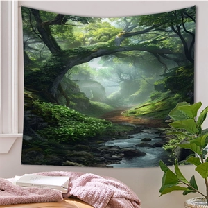 Detail of forest landscape tapestry showing vibrant green trees and stream on a wall