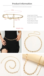 Detail of geometric rectangle and square gold chain belt with adjustable lobster clasp