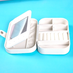 European style PU leather jewelry box in beige with mirror and multiple storage compartments