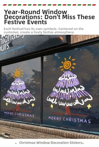 Pink hand-drawn Christmas tree window sticker with Merry Christmas greeting and stars