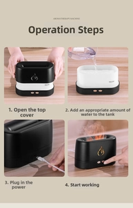 Detailed four-step setup guide for the flame humidifier showing water filling and USB-C port