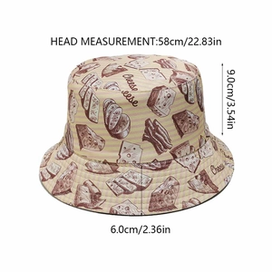 Detailed size guide for yellow cheese pattern bucket hat showing dimensions 58cm circumference