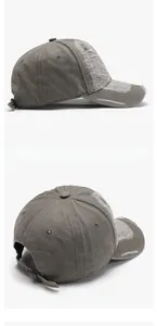 Close-up of distressed washed cotton baseball cap with vintage frayed edges and breathable mesh
