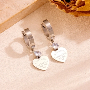 Macro shot of silver stainless steel heart earrings with zircon inlay and engraving